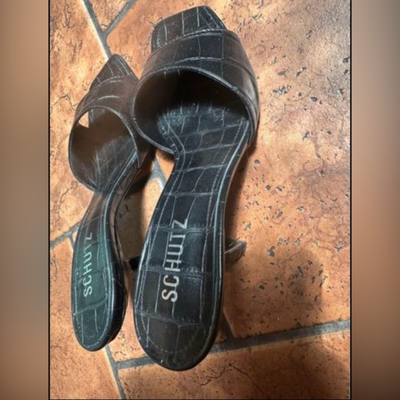 SCHUTZ Women's Posseni High Heel Slide Sandals in Black Croc Embossed - Picture 7 of 8